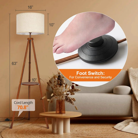 Wood Tripod Floor Lamp With Shelves, Dimmable LED Modern Floor Lamp With Remote Memory Function, 4 Color Temperatures, foot switch detail