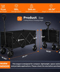 Foldable Collapsible Wagon Cart Heavy Duty Portable Utility Wagon With Wheels For Beach Groceries Shopping Camping Sports Garden Large Capacity Black Workhorse, shown in extended and compact forms