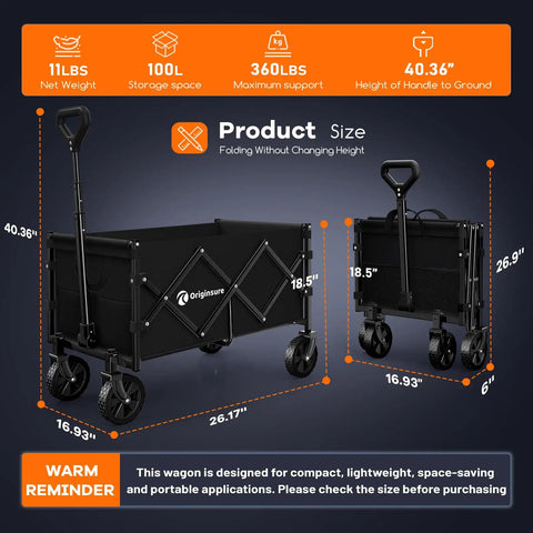 Foldable Collapsible Wagon Cart Heavy Duty Portable Utility Wagon With Wheels For Beach Groceries Shopping Camping Sports Garden Large Capacity Black Workhorse, shown in extended and compact forms