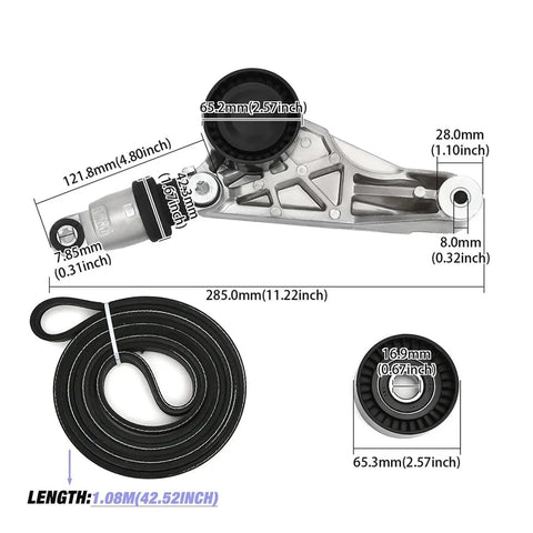 Heavy Duty Belt Tensioner And Idler Pulley Drive Belt Kit Fits Jeep Wrangler JK 30 Liter 2012 2018 Cars Direct Bolt Install No Grinding Required Ensures Perfect Fit Easy Install Save Cash Over Dealership Prices Trusted Quality Reliable Guaranteed Peace, black belt and tensioner with measurements