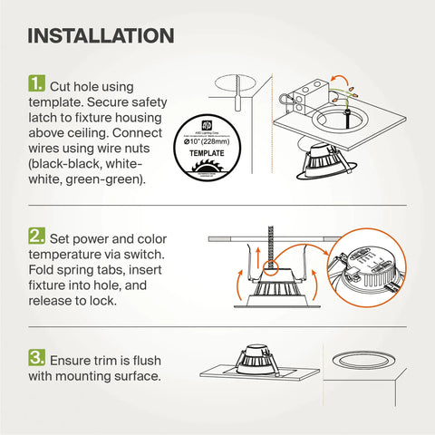 Installation guide for Canless LED Downlight 9/10 Inch, showing step-by-step recessed ceiling light setup process.
