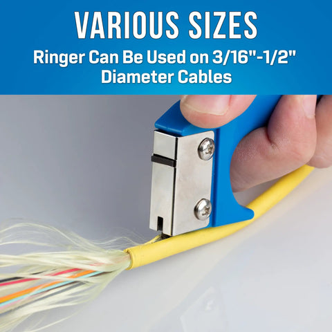 Close-up of JIC-4366 Fiber Optic Cable Jacket Slit And Ring Tool cutting yellow cable, hand-held, blue handle.