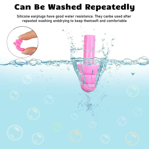 Pink silicone ear plugs submerged in water showing washability. 150 Pairs Bulk Silicone Ear Plugs With Carry Case Individually Wrapped Soft Reusable Noise Cancelling Ear Plugs For Sleeping Swimming Concerts Shooting Noise Reduction Multicolor