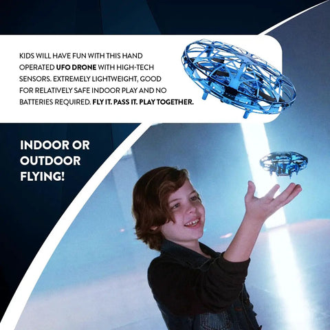 Child playing with Intelli UFO Hover Drone With Motion Sensing, Easy To Fly Indoor Outdoor Toy For Kids And Teens, Infrared Hover Sensor, LED Lights Night Show, Durable Electric Powered Blue.