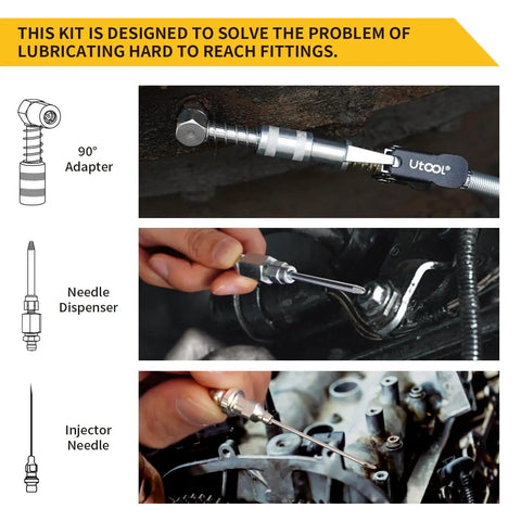 Grease Gun Accessory Kit With 90 Degree Coupler And Needle Nozzle For Hard To Reach Zerk Fittings Low Profile Injection Needle With Cap