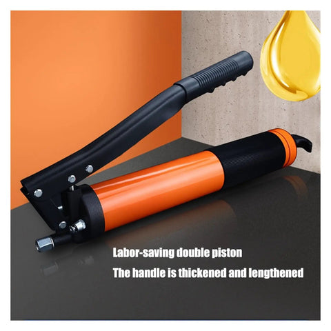 Beefed-Up Manual Oiling Gun With Pistol Grip 10,000 PSI High Pressure Grease Gun 600cc Capacity shown with orange barrel