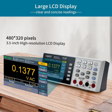 Your Go-To 55000 Counts Digital Multimeter with True RMS and Temperature Probe, large LCD display showing voltage reading