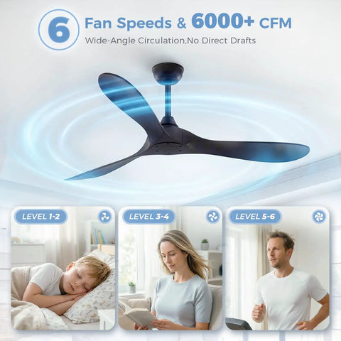 Black Ceiling Fan No Light 52 Inch For Outdoor Patios Porch Bedroom And Kitchen With Remote Noiseless 6 Speed Reversible DC Motor