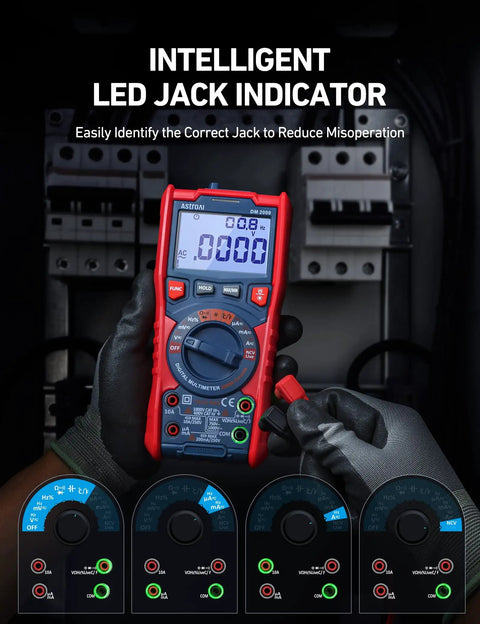 Person using Digital Multimeter TRMS 20000 Counts with Auto Ranging, showing LED jack indicator for accurate connection.