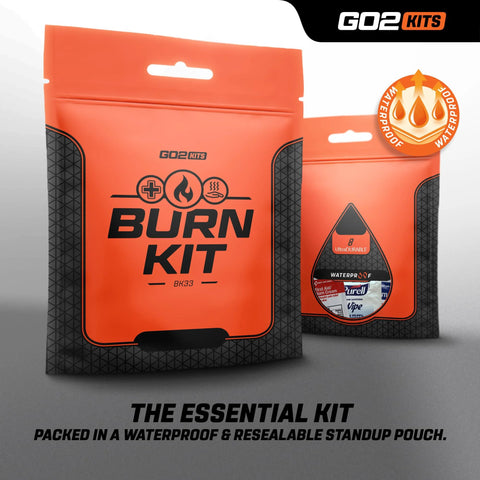 Go2Kits Burn Kit BK33: two orange stand-up pouches with black textured panels, portable burn first aid kit