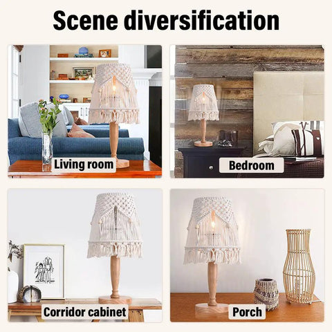 Boho Cotton Rope Bedside Lamp With Handmade Bohemian Shade, Wooden Base Nightstand Light for various room settings