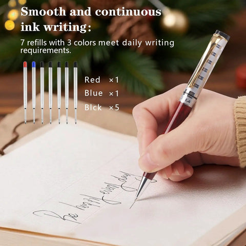 Premium Retractable Ballpoint Pen Set With Metal Body 7 Refills In Black Blue Red, smooth writing on paper, 1.0 mm tip