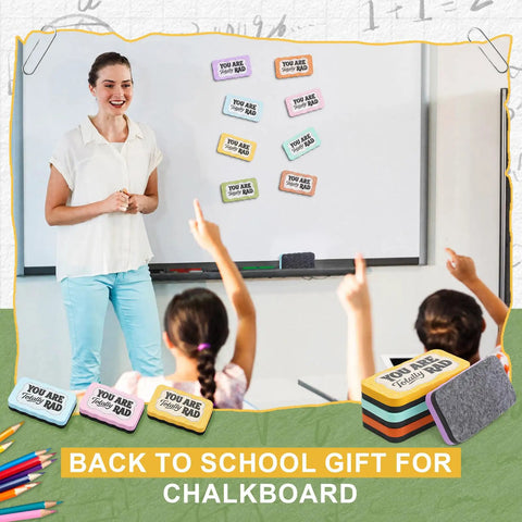 Teacher using 8 Pcs Magnetic Dry Erase Erasers Set In Macaron Colors on whiteboard with students in classroom