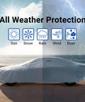 Ford Mustang 1964 1965 1966 1967 1968 Custom Car Cover For All Weather Waterproof Outdoor Indoor UV Sun Protection Exterior Weatherproof Fit For Classic Pony Car shown covering a vehicle, illustrating protection from sun, snow, rain, wind, and dust.
