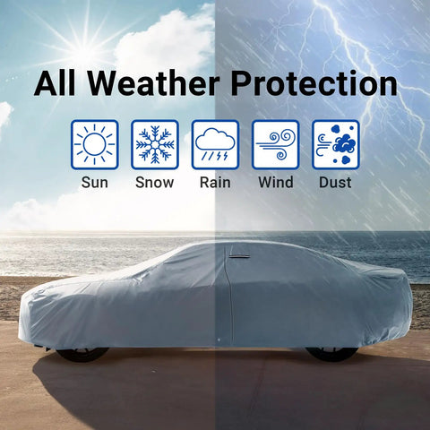 Ford Mustang 1964 1965 1966 1967 1968 Custom Car Cover For All Weather Waterproof Outdoor Indoor UV Sun Protection Exterior Weatherproof Fit For Classic Pony Car shown covering a vehicle, illustrating protection from sun, snow, rain, wind, and dust.