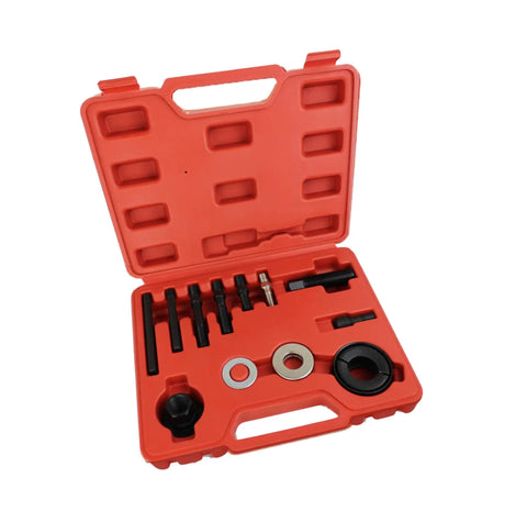 Heavy Duty Automotive Pulley Puller And Installer Kit Made From Durable Carbon Steel, tool set in red case for engine repairs.