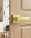 Brushed Gold Passage Door Handles 2 Pack For Interior Doors Keyless Non Locking Lever Set For Hallways And Closets Reversible, on wood door