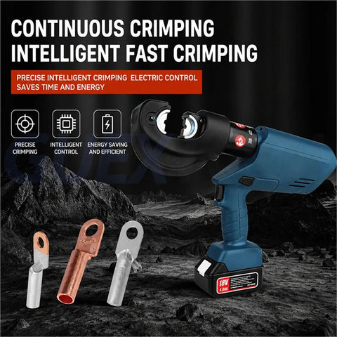 EZ-630 Intelligent Electric Hydraulic Crimping Tool shows precise controls, lithium-ion battery, with lug terminals for efficient crimping.