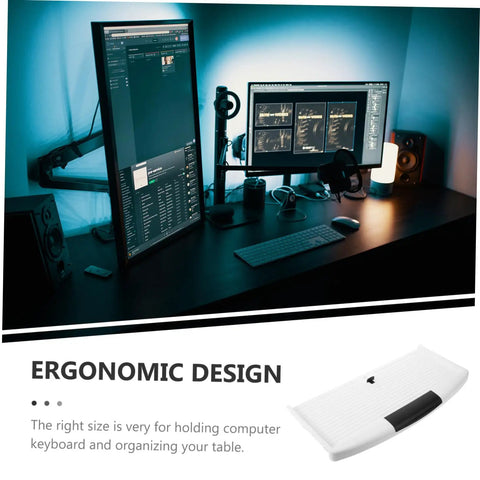 Slick Slide Out Under Desk Keyboard Tray With Heavy Duty Clamp Mount Brings Zero Clutter To Your Workspace Buttery Smooth Operation showing ergonomic design on a black desk.
