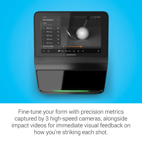 R50 Premium Golf Launch Monitor And Simulator With 10 Inch Color Touchscreen displaying swing and impact data