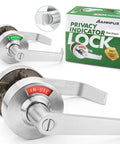 Rock Solid Zinc Alloy Bathroom Privacy Lock With Eye Catching Occupied Vacant Indicator 70Mm Lever Handle side view with packaging.