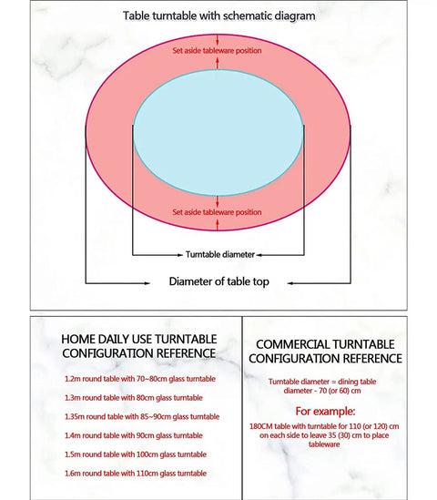 Diagram of table sizes for 26.7 Inch Tempered Glass Lazy Susan For Tabletop Heavy Duty Rotating Serving Tray Spinning Food Server For Dining Table