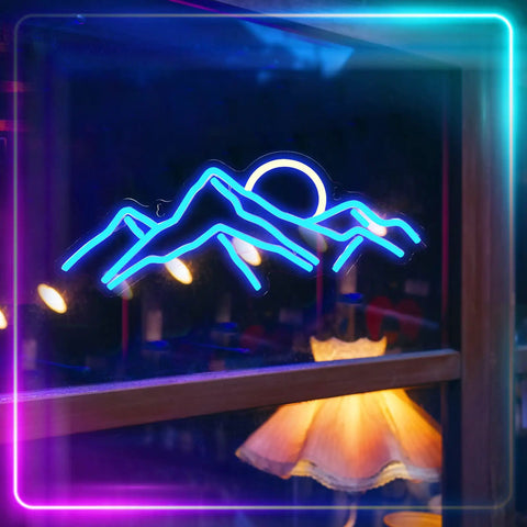 Sunrise Mountain Neon Light Sign USB Powered LED Wall Decor With Moon And Peaks glowing in a dimly lit room