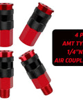 Red and black AMT type 1/4" NPT air couplers, part of One Quarter Inch Air Compressor Fittings Kit With Universal Coupler, 14-Piece Must-Have Air Tool Accessory Set For I, M, And T Type Interchange, Includes Two Quarter Inch FNPT Couplers And Two Quarter Inch MNPT Couplers, Ideal For Busy Home Garage