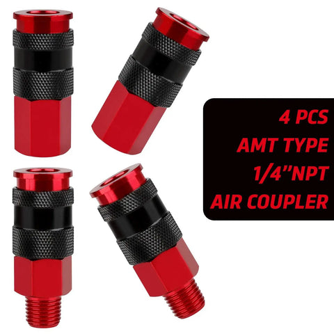 Red and black AMT type 1/4" NPT air couplers, part of One Quarter Inch Air Compressor Fittings Kit With Universal Coupler, 14-Piece Must-Have Air Tool Accessory Set For I, M, And T Type Interchange, Includes Two Quarter Inch FNPT Couplers And Two Quarter Inch MNPT Couplers, Ideal For Busy Home Garage