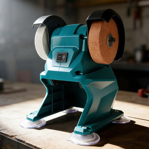 Fafeicy Mini Bench Grinder With 70mm Coarse Fine Brown Corundum Wheels And Full Copper Motor on a workbench, showing its grinding wheels and power switch.