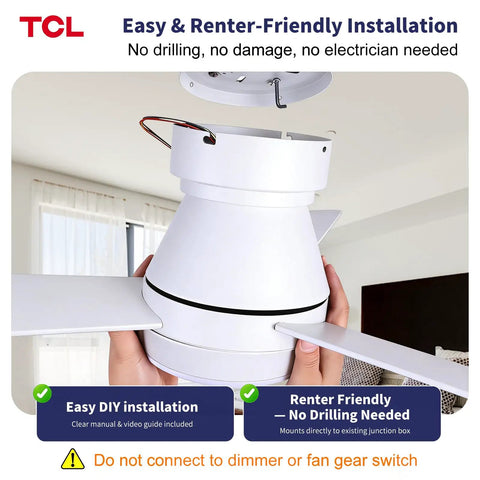 42 Inch Low Profile Ceiling Fan With Crisp White Finish Smart Remote Control Runs Smooth As Butter On Whisper Quiet Brushless Dc Motor Totally Chill For Bedroom Using Natural Breeze Mode And Customizable Soft Lighting - easy DIY installation process shown.