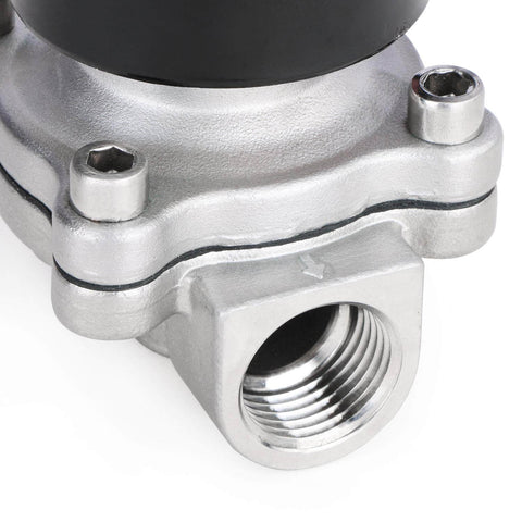 Close-up of 3/4 Inch Stainless Steel Electric Solenoid Valve 12V DC NC For Air Water Fuel With Viton Seals, corrosion resistant body