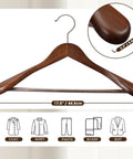 Six Pack Wide Shoulder Walnut Wooden Hangers With Heavy Duty Rotating Hooks Non Slip Pants Bar Smooth Finish Solid Wood Coat Hangers For Sweaters Jackets And Pants Built To Last And Keep Your Closet Organized showing hanger dimensions.