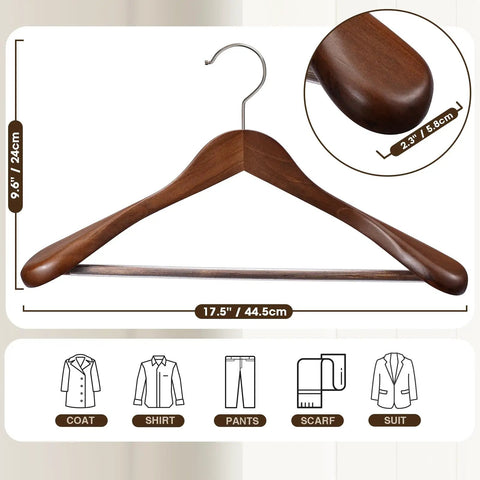 Six Pack Wide Shoulder Walnut Wooden Hangers With Heavy Duty Rotating Hooks Non Slip Pants Bar Smooth Finish Solid Wood Coat Hangers For Sweaters Jackets And Pants Built To Last And Keep Your Closet Organized showing hanger dimensions.