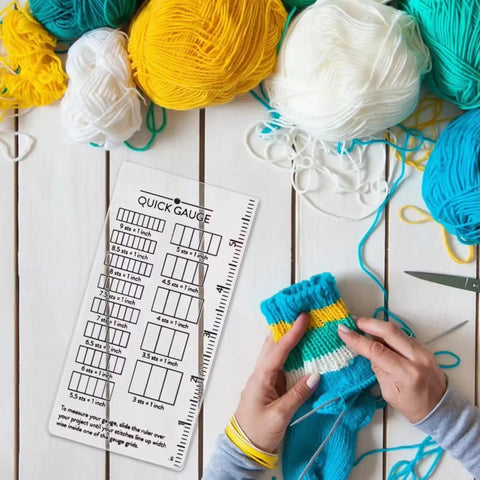 Super Crisp Acrylic Gauge Ruler For Knitting And Crochet No Sweat Stitch Measurement Guide With Transparent Grid over yarn and knitted fabric.