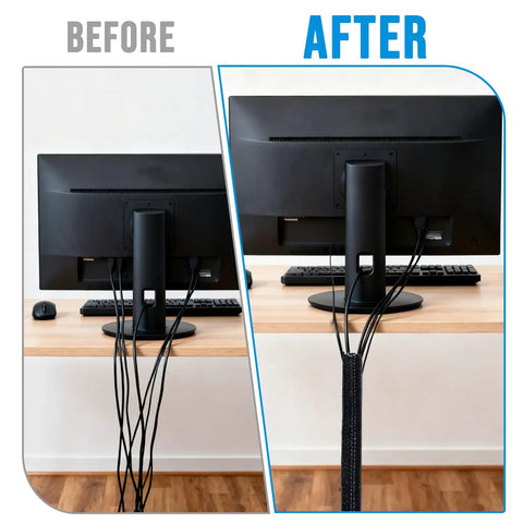 Before and after cable organization using 6.5ft Half Inch Cord Protector Split Loom Cable Sleeve For USB Power HDMI Audio Video Wires Braided PET.