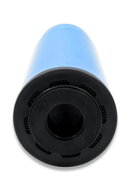 One Step Carbon Filtration System For Steamers And Ice Machines Keeps Your Gear Running Smooth With 2.5 GPM Flow Premium Granular Activated Carbon Cartridge Removes Rust And Lead Low Maintenance Filtration close-up of blue cartridge from top angle