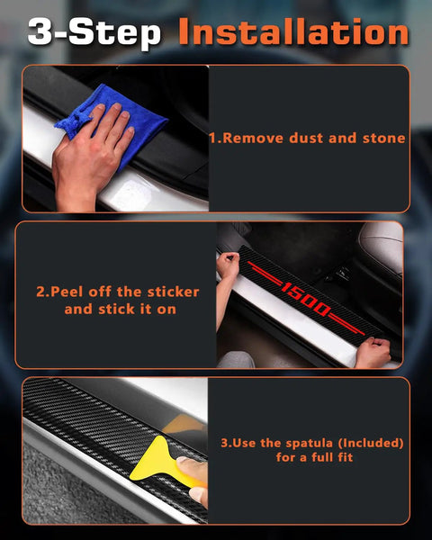 3-step installation guide for RAM 1500 Door Sill Guards Set With Carbon Fiber Leather Protectors Red For Dodge RAM 1500 Waterproof Scratch Resistant Interior Car Decor Upgrade Slick Sill Protection Easy Peel And Stick Install Pack Of Four.