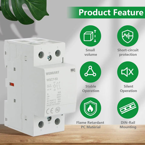 Heavy Duty 63A AC DC Contactor With Two Pole Two Normally Open Contacts And 24V Coil on a wooden surface with product features.