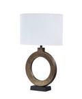 25 Inch High Transitional Metal Table Lamp With Antique Brass Finish And White Oval Shade, circular base design