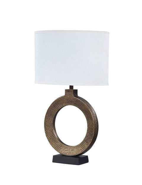 25 Inch High Transitional Metal Table Lamp With Antique Brass Finish And White Oval Shade, circular base design