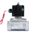 U.S. Solid 1-1/2 in stainless steel solenoid valve, side view, black coil, red wires.