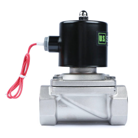 U.S. Solid 1-1/2 in stainless steel solenoid valve, side view, black coil, red wires.