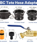 IBC Tote Hose Adapter Kit With 2 Inch Camlock Adapters For 275 And 330 Gallon Totes Includes 2 Coarse And 2 Fine Cam Groove Fittings Brass And Polypropylene Construction Converts To Three Quarter Inch Garden Hose Male Thread showing adapter parts and brass valve