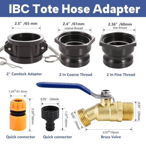 IBC Tote Hose Adapter Kit With 2 Inch Camlock Adapters For 275 And 330 Gallon Totes Includes 2 Coarse And 2 Fine Cam Groove Fittings Brass And Polypropylene Construction Converts To Three Quarter Inch Garden Hose Male Thread showing adapter parts and brass valve