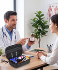 Doctor showing patient a medicine bottle beside 3ml Vial Storage Case For Bac Water And Peptide Vials With Custom Foam Compartments Mesh Pocket Ideal Fridge Freezer Or Travel Organizer Black Classic Box Keeps Your Small Vials Neatly Stashed