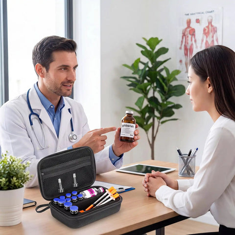 Doctor showing patient a medicine bottle beside 3ml Vial Storage Case For Bac Water And Peptide Vials With Custom Foam Compartments Mesh Pocket Ideal Fridge Freezer Or Travel Organizer Black Classic Box Keeps Your Small Vials Neatly Stashed