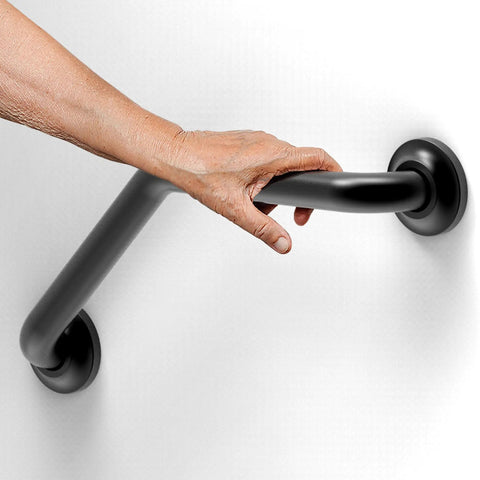 Hand holding 16 Inch Angled Shower Grab Bar ADA Compliant With 500 Lb Load Capacity Glacier Collection in Brushed Nickel Finish