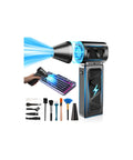 Upgraded Electric Air Duster Cordless With Rechargeable Battery 360000 RPM Turbo Power blowing dust off a keyboard with accessories shown