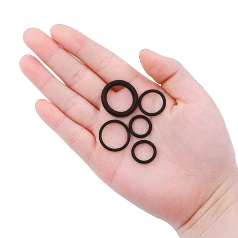 Universal Pressure Washer O Ring Kit, 100 Piece Replacement Rubber Seals shown in hand for size comparison.